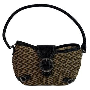 Vtg Brighton Brown Woven‎ Cord Leather Trimmed Purse Shoulder Bag Floral Lining